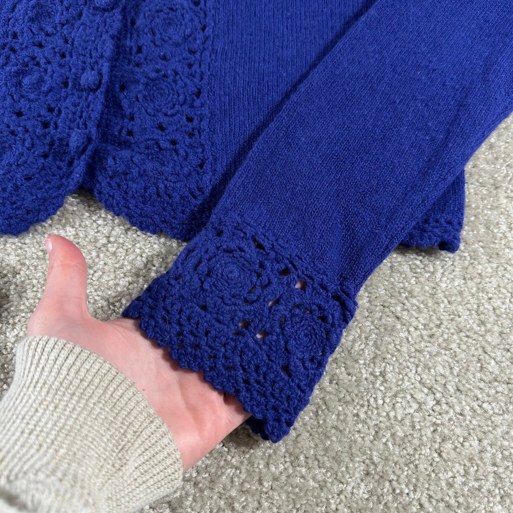 OBR Royal Blue Lambswool Angora Crochet Lace Trim Cardigan Sweater L Cottagecore - Picture 6 of 8